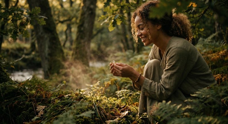 Une femme métisse émerveillée par la nature, vivant un moment de pleine conscience et de transformation intérieure dans son cheminement vers l'éveil spirituel.