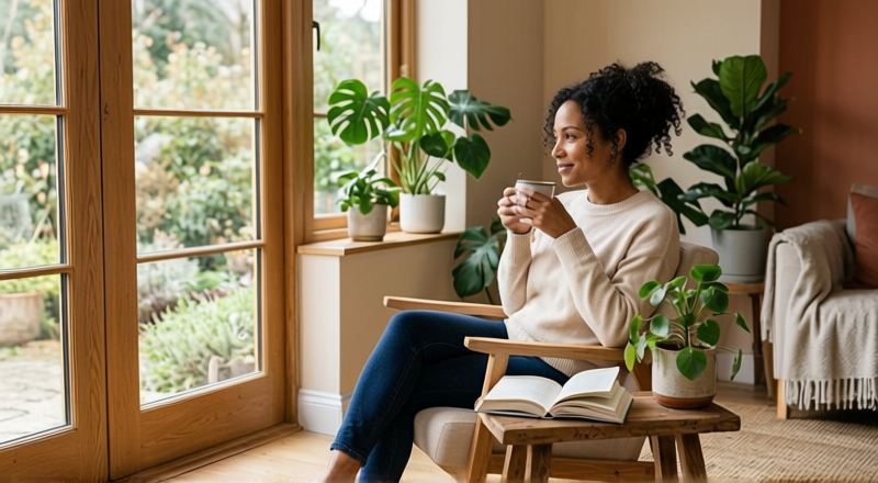 Femme souriante assise seule chez elle, profitant d'un moment de solitude choisie.
