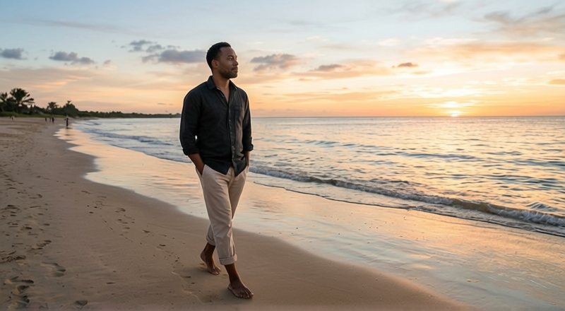 homme heureux et tranquille marchant seul sur une plage