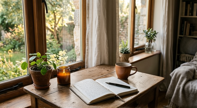 journal intime ouvert sur une table en bois dans un cadre intimiste, naturel et cosy, représentant un moment pour soi et ses pensées, dans le calme